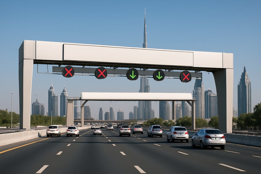 Dubai highway with toll road gantry Dubai highway with toll road gantry