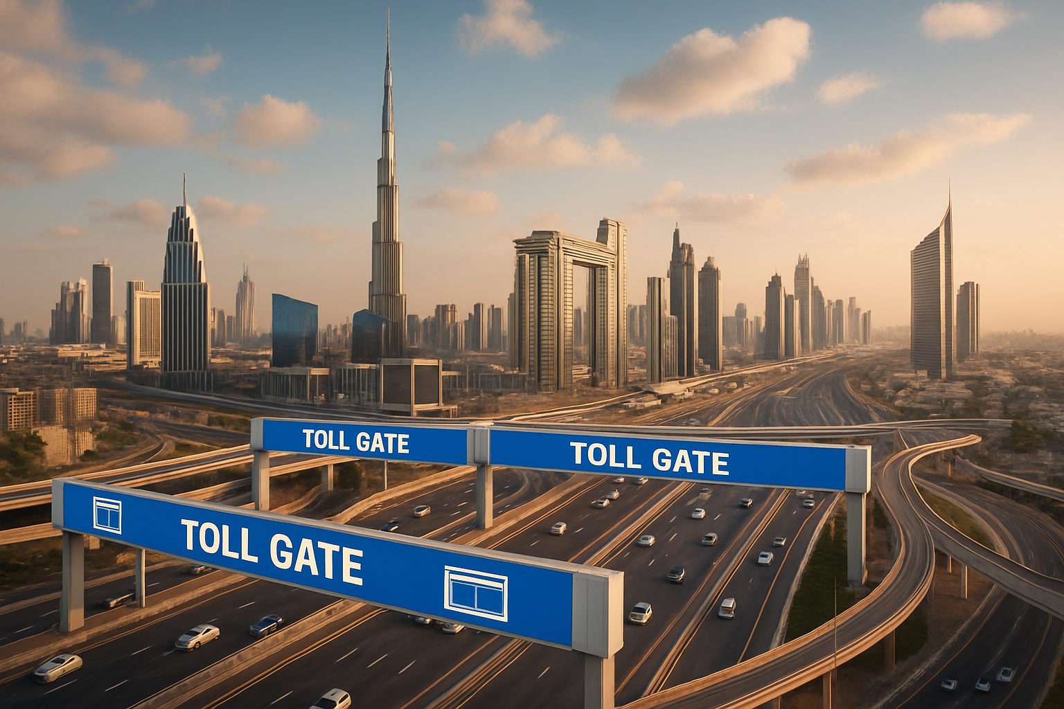 Dubai skyline with major roads and digital toll systems
