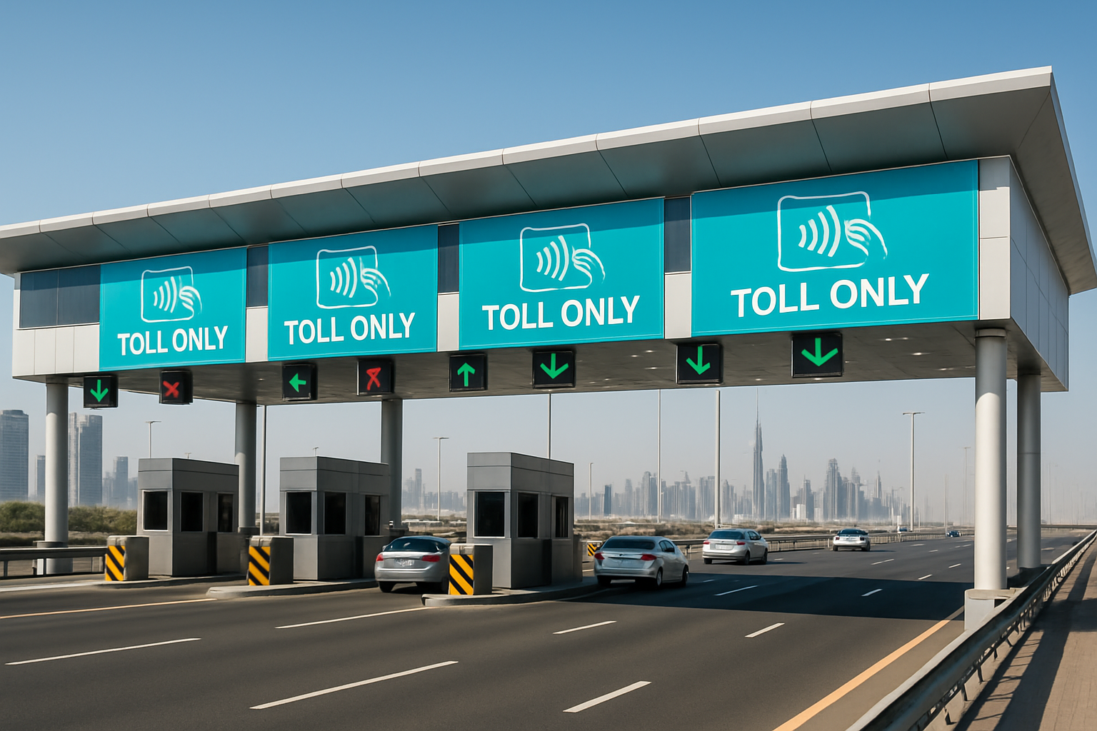Modern toll plaza on a Dubai highway with electronic payment lanes